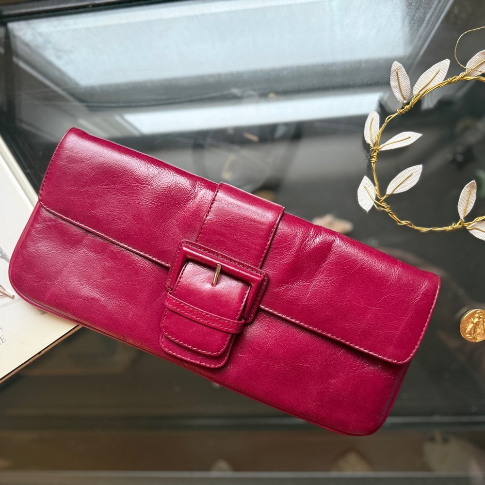 Red Leather Clutch with Buckle Accent